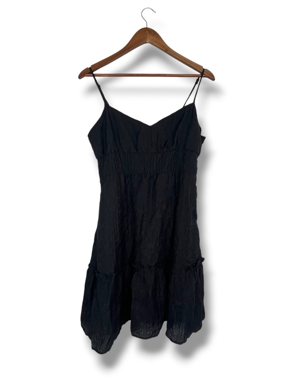 Club Monaco Black Gauze Tiered Babydoll Mini Dress Shirred Ruched 8 Minimalist